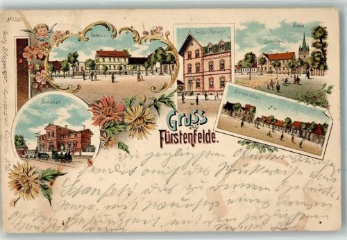 Fürstenfelde Boleszkowice 1898 Lithographie Rathaus Bahnhof Kleines Hotel Schulhaus Kaiserl. Postamt
