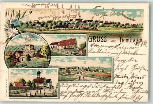 73450 W7925 Demmingen 1901 Lithographie Schloß Duttenstein Kirche Pfarrhaus Gasthof-Spezerei Schmucker