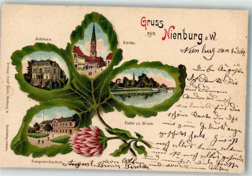 31582 W3070 Nienburg Weser 1904 Lithographie An der Weser Baugewerkschule Schloss Kirche