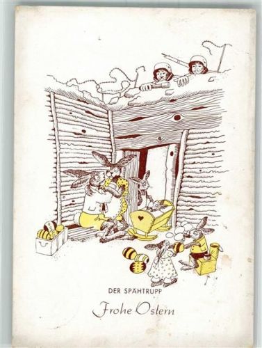 1940 sign. Matthei, Erwin Frohe Ostern Tiere vermenschlicht Hasenfamilie im Schützengraben Künstlerkarte Feldpost Nr. L 36480
