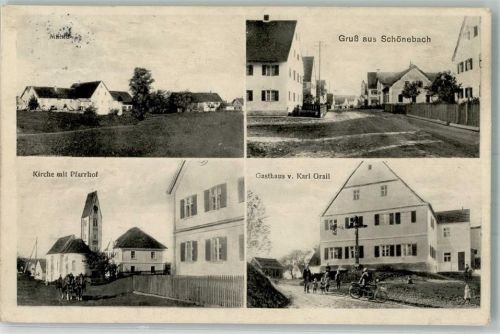 86473 W8907 Schönebach b Augsburg - Kirche Pfarrhof Gasthaus Grail Dorfstraße Motorrad Kreuz