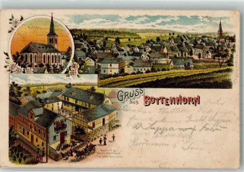 35080 W3551 Bottenhorn 1901 Lithographie Gasthaus zum Deutschen Haus Bottenhorner Kirche