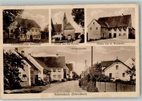 86473 W8907 Schönebach b Augsburg - Posthilfstelle Schönebach Mühle von A. Weizhofer Dorfstraße Handlung Lindenmair An der Kirche