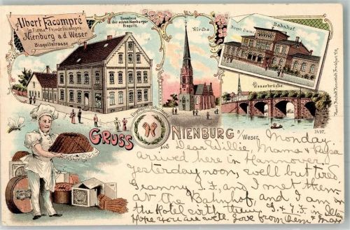 Nienburg 1899 Stammhaus des echten Nienburger Bisquits Bäcker Weserbrücke Bahnhof