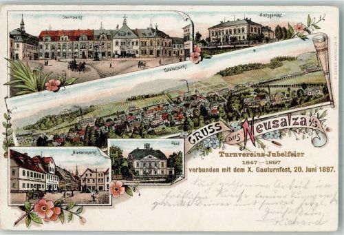 02742 O8713 Neusalza-Spremberg 1897 Lithographie X. Gauturnfest Turnverein-Jubelfeier 1897 Obermarkt Amtsgericht Niedermarkt Post