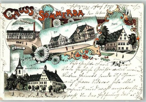 99610 O5230 Sömmerda 1901 Lithographie Gewehrfabrik Bonifatius-Kirche Bahnhofstraße Post Pfarrhaus