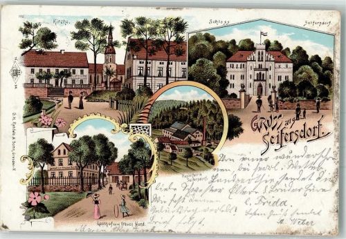 01454 O8142 Radeberg 1899 Lithographie Seifersdorf Papierfabrik Schloß Seifersdorf Gasthaus zum treuen Hund