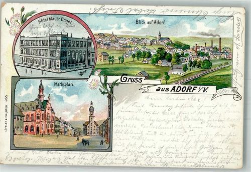 08626 O9930 Adorf , Vogtl 1900 Lithographie Hotel blauer Engel Marktplatz