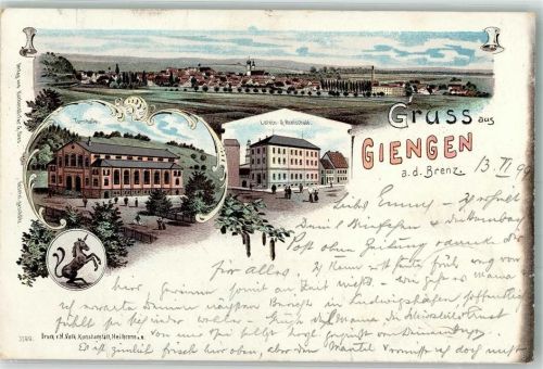 Giengen 1899 Latein- und Realschule Turnhalle Wappen Einhorn