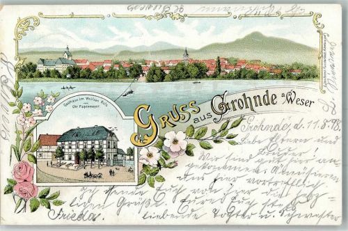 31860 W3254 Grohnde 1899 Lithographie Weser Gasthaus im weißen Roß Rosen