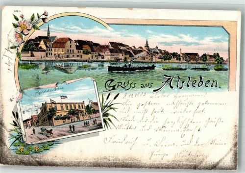 06425 O4342 Alsleben 1903 Lithographie Schlepperverband Saale Gasthaus zur Sonne
