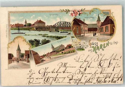 49733 W4472 Haren Ems 1899 Lithographie Emsstraße Kirche Emsbrücke Hotel Veen