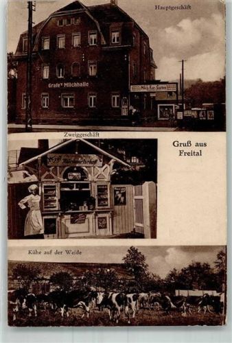 01705 O8210 Freital - Cafe Milchhalle Haupt und Zweiggeschäft Webeplakate Milchkühe