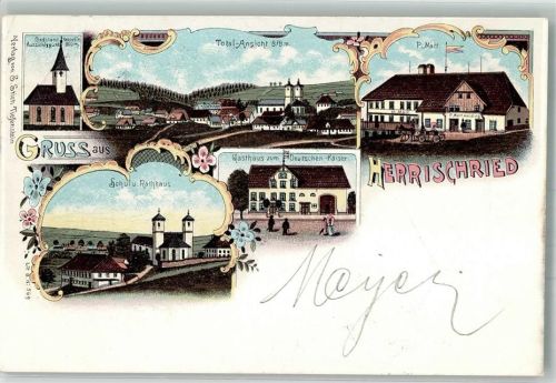 79737 W7881 Herrischried 1898 Lithographie Schul- u. Rathaus Qedsland-Kapelle Gasthaus zum Deutschen Kaiser Handlung Matt