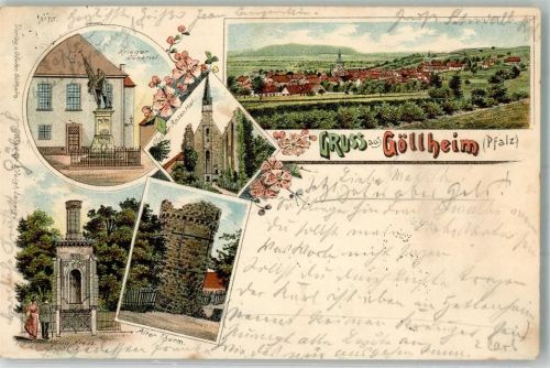 67307 W6719 Göllheim 1897 Lithographie Alter Turm König-Kreuz Kriegerdenkmal Kloster Rosental