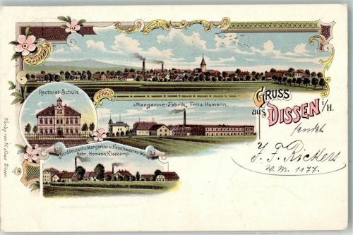 49201 W4503 Dissen am Teutoburger Wald Gebrauchsspuren Lithographie Rectorat-Schule Nordeutsche Margarine u. Fleischwaren-Fabrik Margarine-Fabrik Hofmann Stauchung