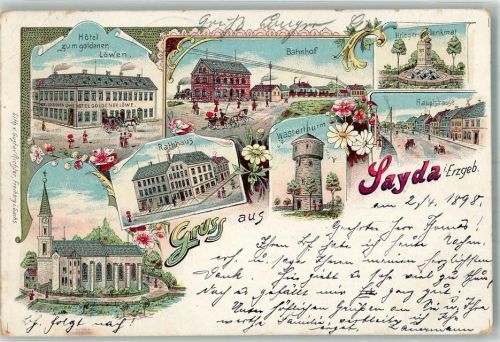 09619 O9215 Sayda 1898 Gebrauchsspuren Lithographie Hotel zum goldenen Löwen Bahnhof Hauptstraße Wasserturm Rathaus Erh. II.-Stauchung