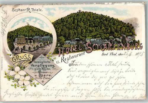 Thal 1898 Lithographie Hotel-Gasthaus Scharfenburg Bahnpost Ruhla- Zug 13
