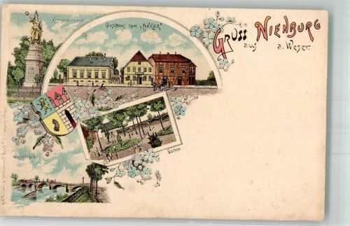 31582 W3070 Nienburg Weser 1899 Lithographie Stadtwappen Kriegerdenkmal Weserbrücke Gasthaus zum Anker Garten
