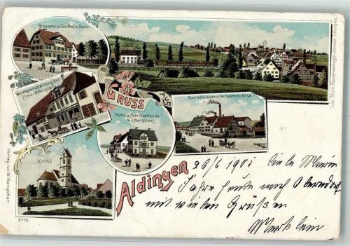 Aldingen 1901 Lithographie Wohn- u. Fabrikgebäude Hengstler Warengeschäft Hengstler Dampfbrauerei u. Gasthaus zur Rose Brauerei-Gasthaus zum Stern Erh. II- Fehlstelle + Stauchungen