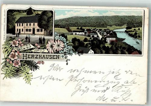 34516 W3546 Herzhausen b Korbach 1900 Gebrauchsspuren Lithographie Gasthaus Bahnpost Frankenberg-Barmen