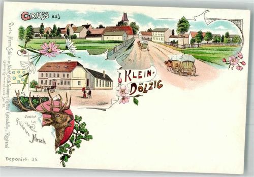 04435 O7103 Dölzig b Leipzig Lithographie Gasthaus zum Goldenen Hirsch Hirschkopf Dorfstraße Fuhrwerke Sammlung Wollmann