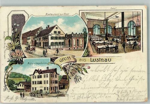 Lustnau 1914 Lithographie Gasthaus zur Rose Gaststube Mühle Sägemühle