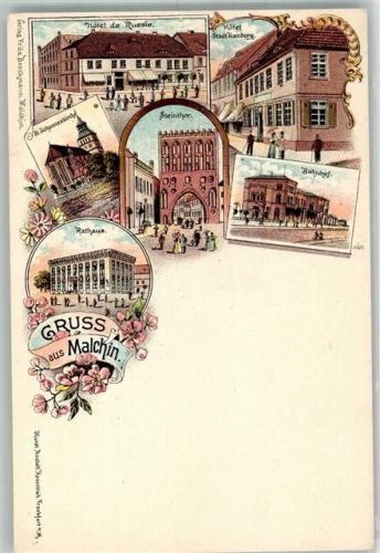 17139 O2040 Malchin Lithographie Rathaus Steintor Bahnhof Hotel de Russie Hotel Stadt Hamburg St. Johanniskirche
