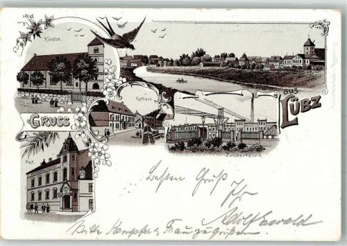 19386 O2860 Lübz 1898 Lithographie Möwe Post Kirche Rathaus Zuckerfabrik