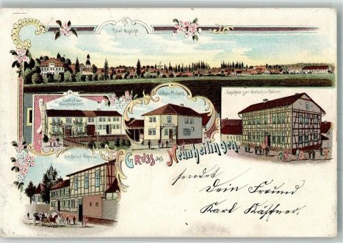 Neunheilingen 1902 Lithographie Gasthaus zur Siegeskrone Gasthaus zum deutschen Kaiser Kirche Schenke