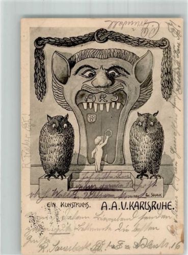 Karlsruhe 1902 Ein Kunstfuchs , Eulen sign. fec. Schalk Studentika