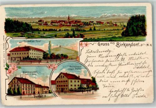 Birkendorf 1904 Lithographie Gasthaus zur Post Warengeschäft Blatter Gasthaus Blatter