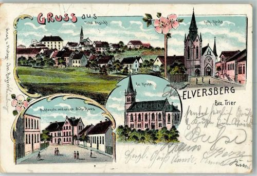 66583 W6683 Elversberg 1902 Lithographie Fichtenstraße Neues Schulhaus Ev. Kirche Kath. Kirche