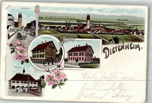 89165 W7905 Dietenheim , Iller 1900 Lithographie Forsthaus Marktplatz Rathaus Neues Schulhaus
