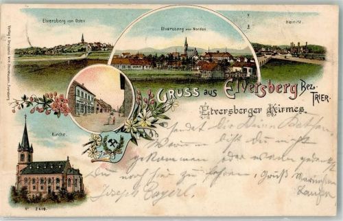 66583 W6683 Elversberg 1900 Lithographie Elversberger Kirmes Dorfstraße Herz-Jesu-Kirche Heinitz