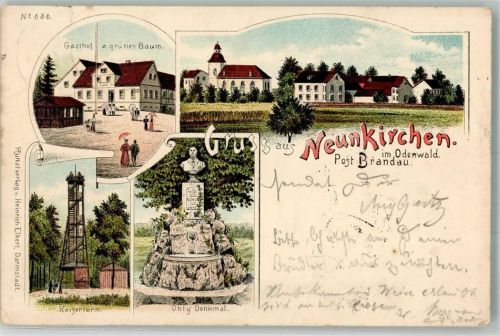 74867 W6951 Neunkirchen b Mosbach, Baden 1897 Lithographie Kaiserturm Ohly-Denkmal Gasthaus zum grünen Baum