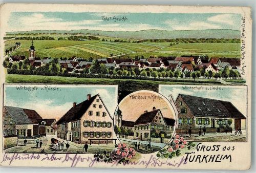 86842 W8939 Türkheim , Wertach Gebrauchsspuren Lithographie Gasthaus zum Rössle Gasthaus zur Linde