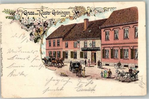 Gröningen Lithographie Kloster Gröningen Gasthaus zur Stadt Danzig Kutschen
