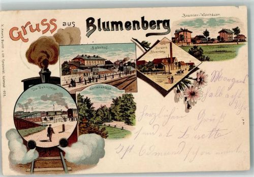 Blumenberg 1901 Lithographie Bahnhof Bahnsteige Vorwerk Blumenberg Gartenanlage Beamten-Wohnhäuser