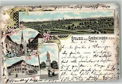 Gröningen 1897 Lithographie Kriegerdenkmal Gasthaus zum Deutschen Haus Marktplatz