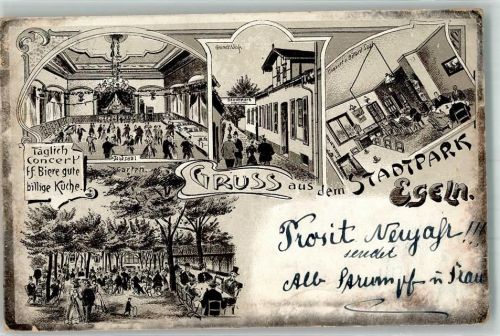 Egeln 1901 Lithographie Gasthaus Etablissement Stadtpark Garten Tanzsaal Billardsaal