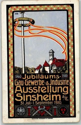 Sinsheim 1910 Lithographie Jubiläums-Gau-Gewerbe- & Industrie-Ausstellung 1910