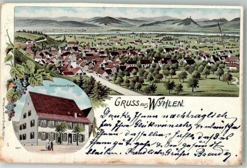 Wyhlen 1903 Lithographie Gasthaus zum Rössle Weintrauben Bahnpost Konstanz-Basel Zug 475