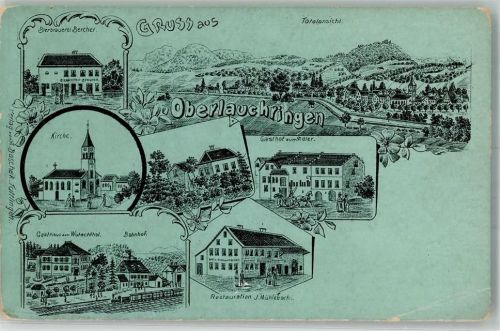 79787 W7898 Oberlauchringen , Kr Waldshut Gebrauchsspuren Lithographie Bierbrauerei Bercher Gasthaus zum Wutachtal Bahnhof Gasthaus zum Adler