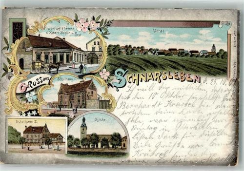 Schnarsleben 1901 Lithographie Schulhaus I und II Geschäftshäuser Behler Post Postkutsche