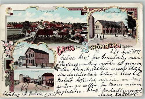 24217 W2306 Schönberg Holstein 1899 Gebrauchsspuren Lithographie Hotel Stadt Hamburg Probsteier Ackerbauschule Bahnhof Stauchungen