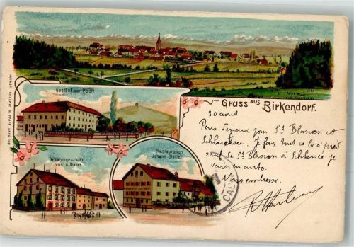 Birkendorf 1906 Lithographie Gasthaus zur Post Warengeschäft Blatter Gasthaus Blatter