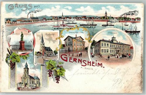 Gernsheim 1905 Schöffer-Denkmal Kath. Kirche Grossherzgl. Realschule Stadthaus Rheinschifffahrt