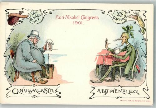 Kongress Gnussmensch mit Bier + Abstinenzler als Rübenkopf Humor Antialkohol 1901 Lithographie / Künstlerkarte