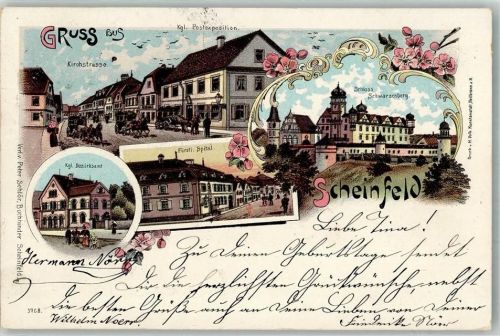 91443 W8533 Scheinfeld 1899 Lithographie Kirchstraße Kgl. Bezirksamt Fürstl. Spital Kloster Schwarzenberg